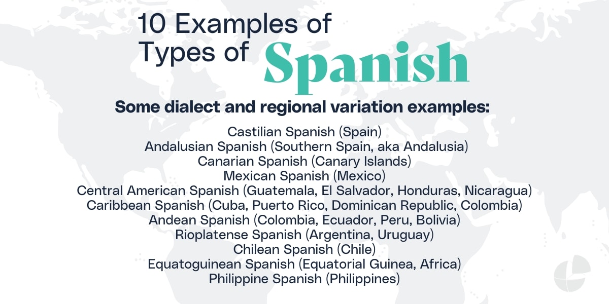 white image, blue text that says "10 examples of types of Spanish"