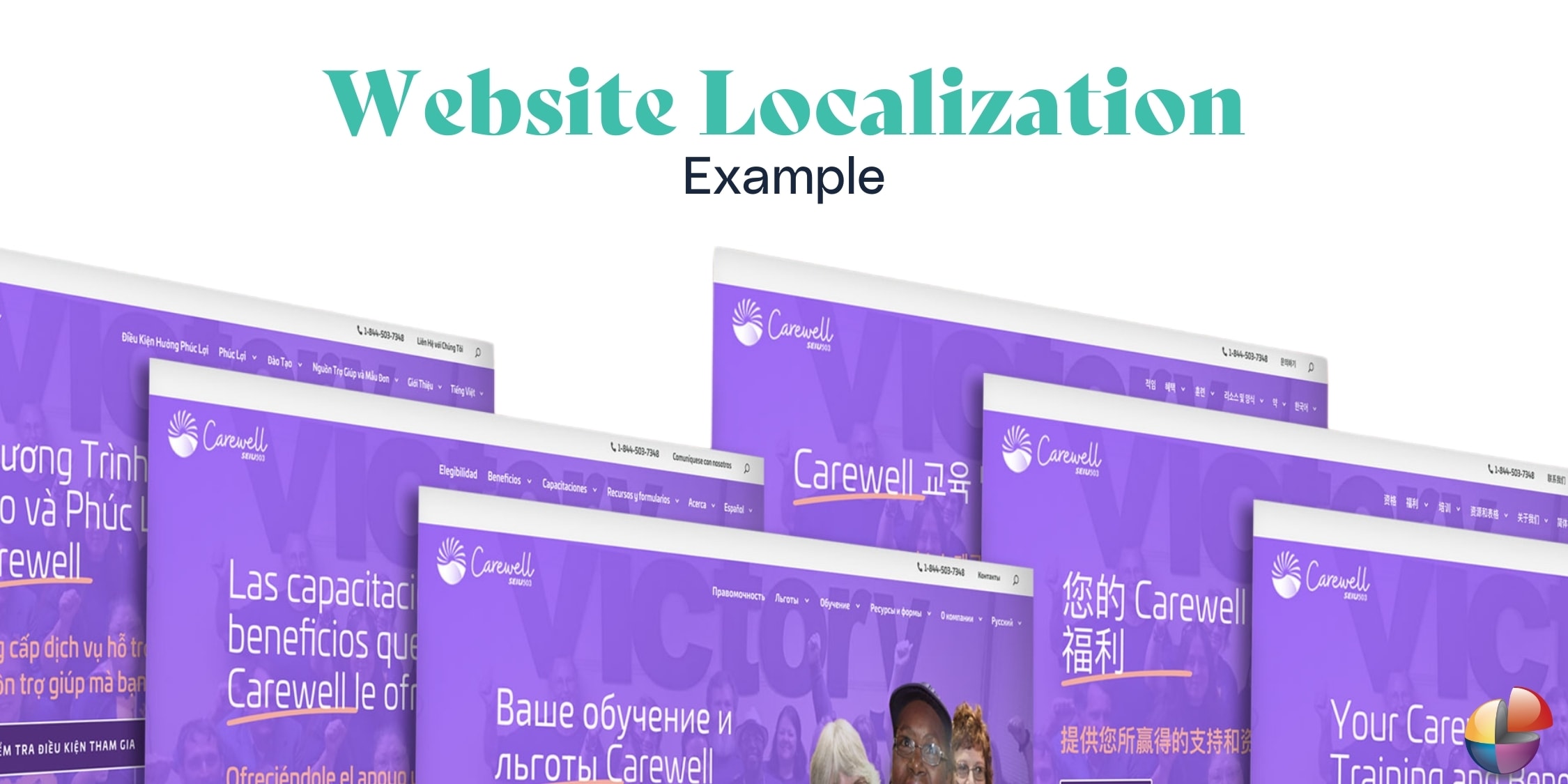 white background purple website localized into 6 languages